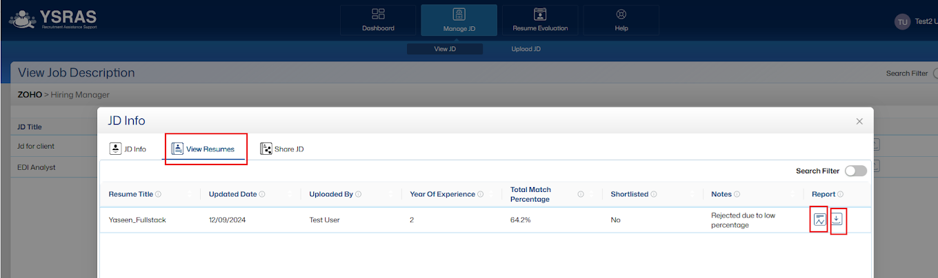 View Resumes Options Screenshot