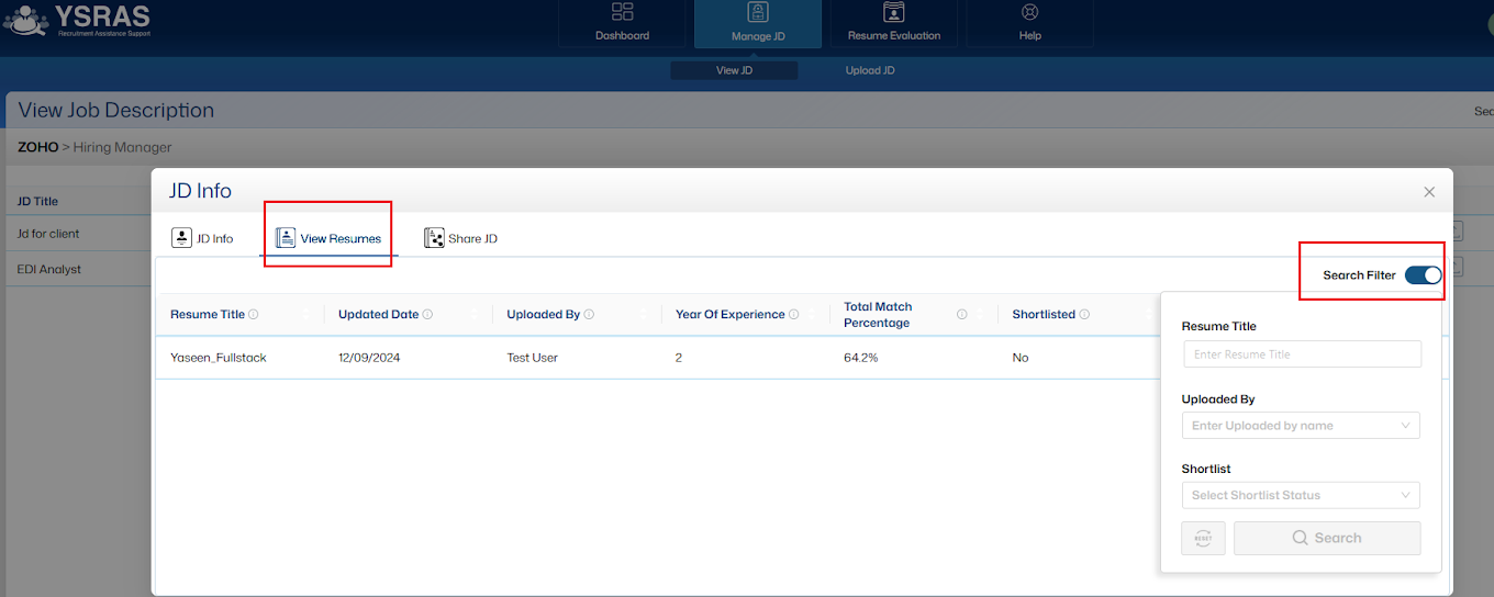 View Resumes Screenshot